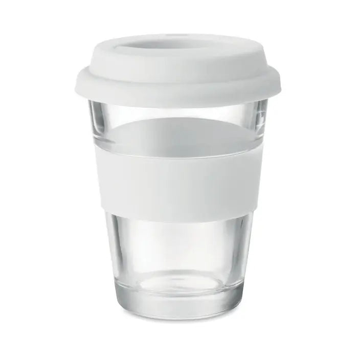 Pahar de sticla 350 ml transparent cu capac si banda de silicon alba pentru calatorii