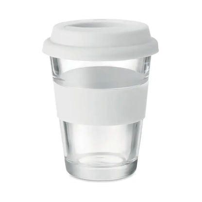 Pahar de sticla 350 ml transparent cu capac si banda de silicon alba pentru calatorii