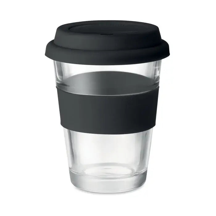 Pahar de sticla 350 ml reutilizabil cu capac si bandaj din silicon negru pentru cafea