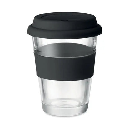 Pahar de sticla 350 ml reutilizabil cu capac si bandaj din silicon negru pentru cafea