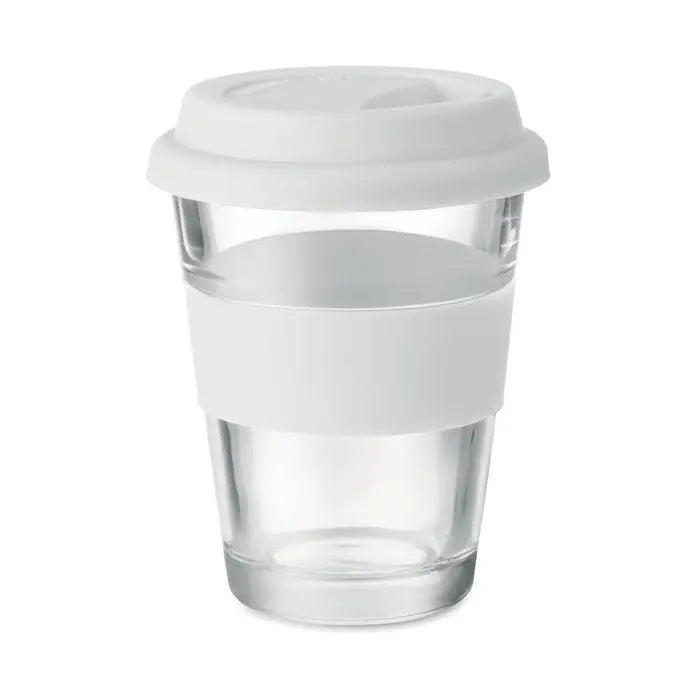 Pahar de sticla reutilizabil transparent 350 ml cu capac si bandaj de silicon alb pentru cafea