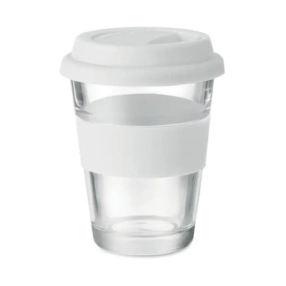 Pahar de sticla reutilizabil transparent 350 ml cu capac si bandaj de silicon alb pentru cafea