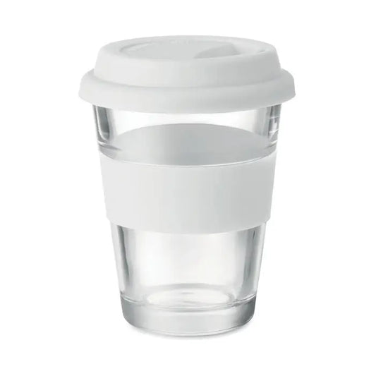 Pahar de sticla reutilizabil transparent 350 ml cu capac si bandaj de silicon alb pentru cafea