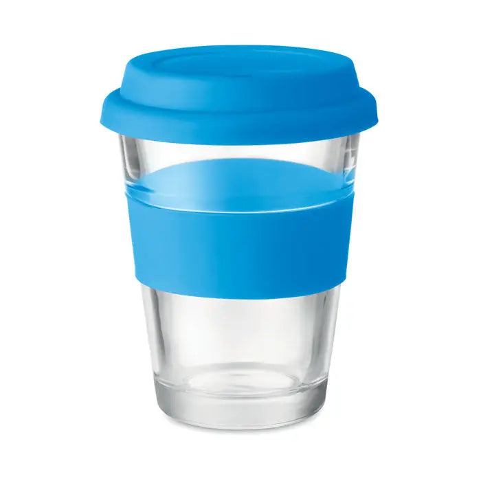 Pahar de sticla 350 ml cu capac si banda de silicon albastru pentru cafea reutilizabil