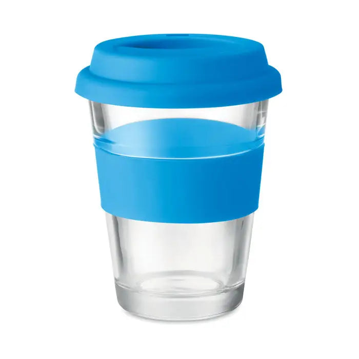 Pahar de sticla reutilizabil de 350 ml cu capac si banda de silicon albastru vibrant pentru cafea