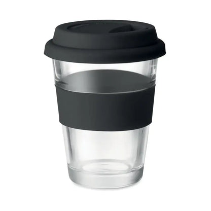 Pahar de sticla reutilizabil transparent de 350 ml cu capac si banda de silicon negru pentru cafea