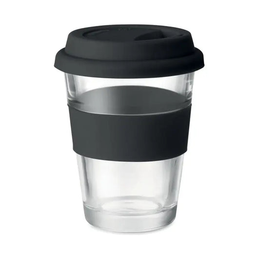 Pahar de sticla reutilizabil transparent de 350 ml cu capac si banda de silicon negru pentru cafea