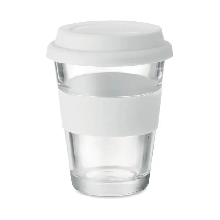 Pahar de sticla 350 ml reutilizabil transparent cu capac alb si banda de silicon alba pentru prindere