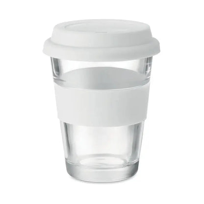 Pahar de sticla 350 ml reutilizabil transparent cu capac alb si banda de silicon alba pentru prindere