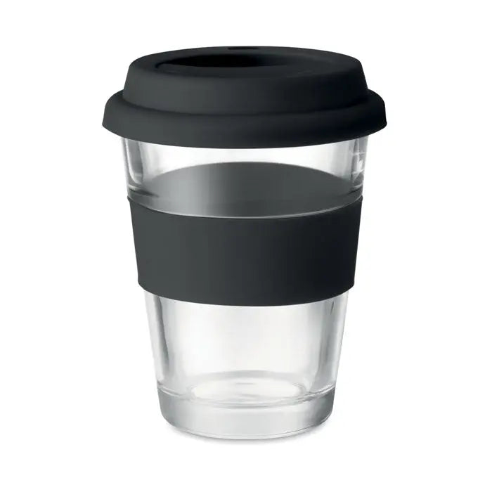 Pahar de sticla 350 ml reutilizabil pentru cafea cu capac si banta din silicon negru