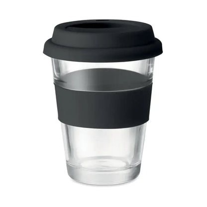 Pahar de sticla 350 ml reutilizabil pentru cafea cu capac si banta din silicon negru