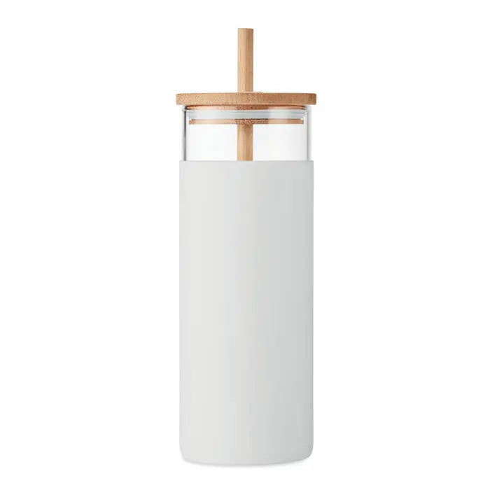 Pahar de sticla 450ml alb cu capac din bambus si pai, maner din silicon mat pentru prindere sigura