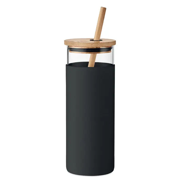 Pahar de sticla 450ml invelit in silicon negru cu capac si pai din bambus pentru bauturi eco-friendly