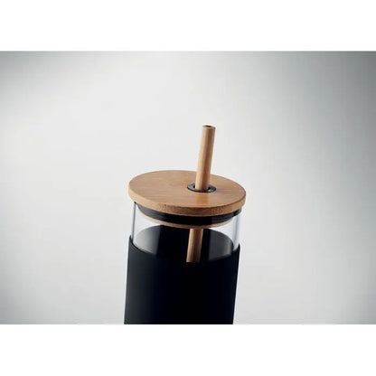 Pahar de sticla negru de 450ml cu capac si pai din bambus pentru bauturi elegante si sustenabile
