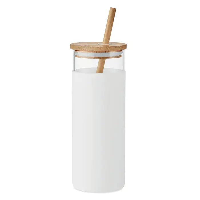 Pahar de sticlă 450ml cu frosted alb capac și pai din bambus pentru băuturi reci și calde