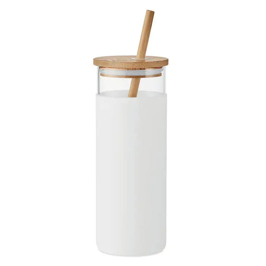 Pahar de sticlă 450ml cu frosted alb capac și pai din bambus pentru băuturi reci și calde
