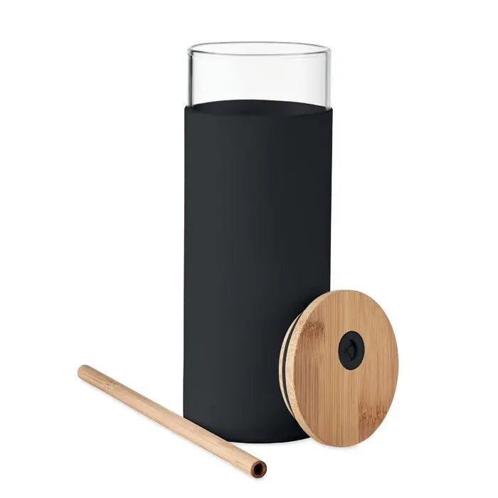 Pahar de sticla negru de 450ml cu capac si pai din bambus pentru bauturi elegante si sustenabile