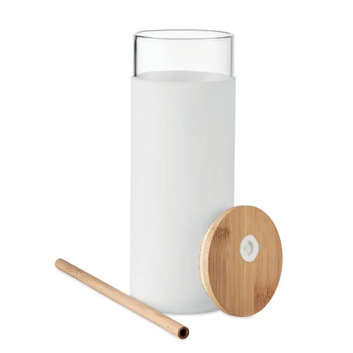 Pahar de sticla 450ml cu capac si pai din bambus, sticla mata alba pentru bauturi racoritoare