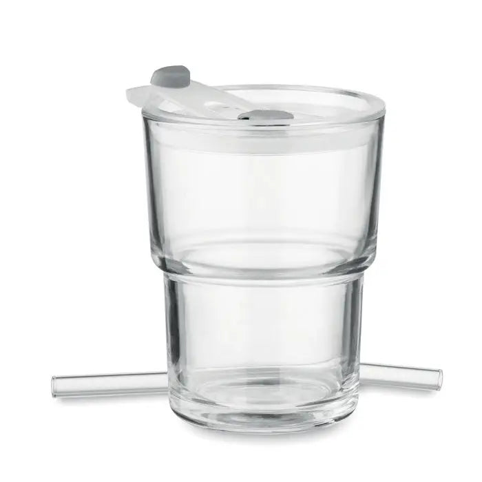 Pahar de sticla dublu perete transparent cu capac alb si gri si doua paie transparente langa el 400ml