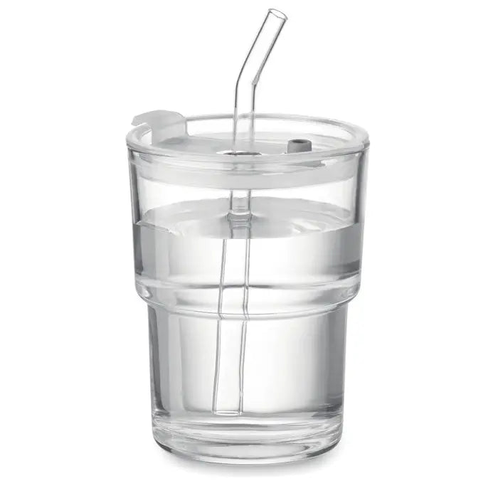 Pahar de sticla transparent cu pai curbat si capac transparent de 400ml pentru bauturi sigure