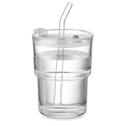 Pahar de sticla transparent cu pai curbat si capac transparent de 400ml pentru bauturi sigure