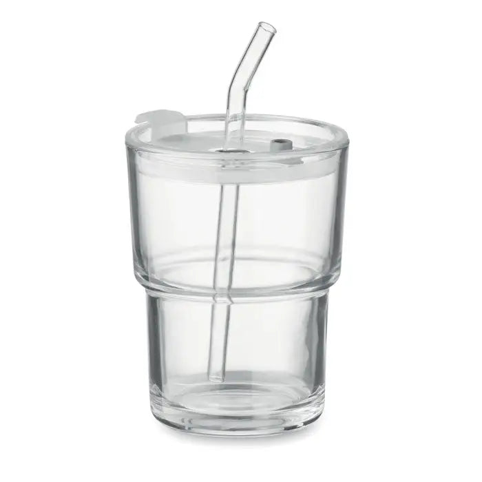 Pahar de sticla cu paie 400ml transparent cup dublu perete din plastic cu capac transparent si pai curbat