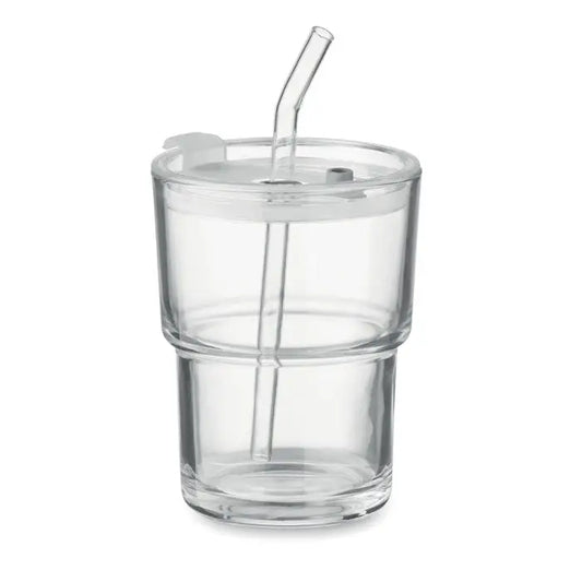 Pahar de sticla cu paie 400ml transparent cup dublu perete din plastic cu capac transparent si pai curbat