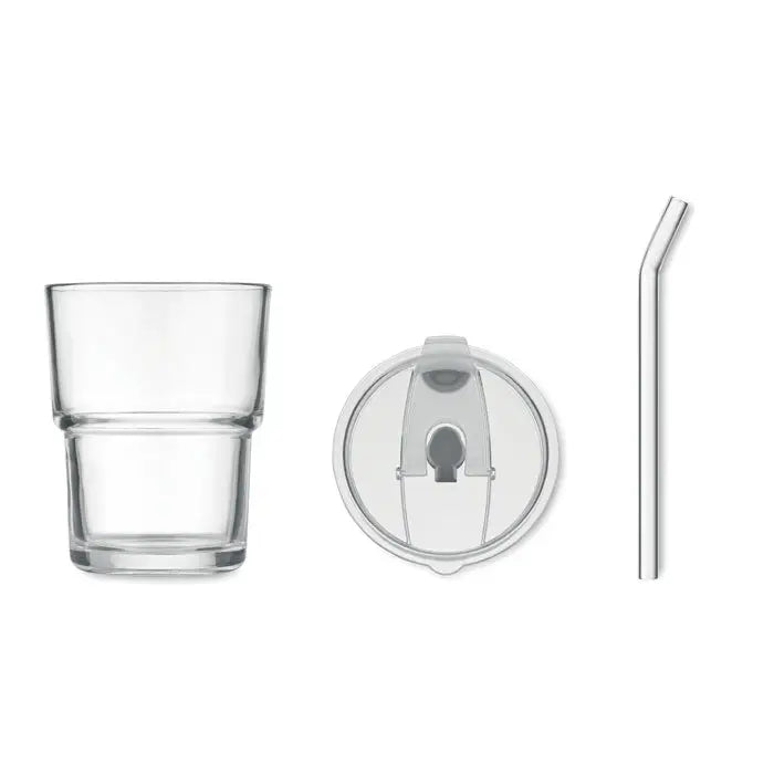 Pahar de sticla transparent cu perete dublu 400ml cu capac si pai din inox curbat