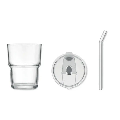 Pahar de sticla transparent cu perete dublu 400ml cu capac si pai din inox curbat