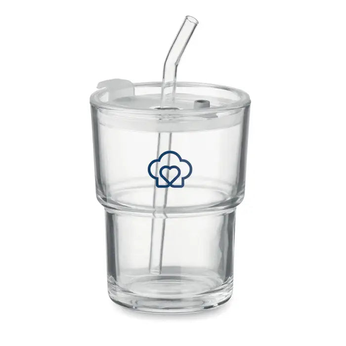 Pahar de sticla cu paie 400ml transparent dublu strat cu capac si pai curbat albastru cu logo nor si inima