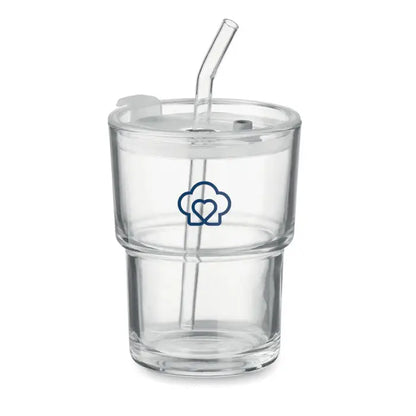 Pahar de sticla cu paie 400ml transparent dublu strat cu capac si pai curbat albastru cu logo nor si inima