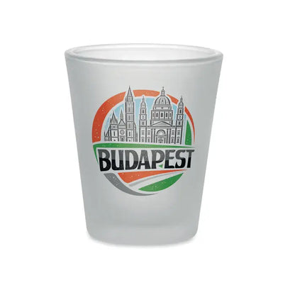 Pahar de sublimare 44ml din sticla mate cu design colorat circular si skyline ilustrat al budapestei cu text bold negru