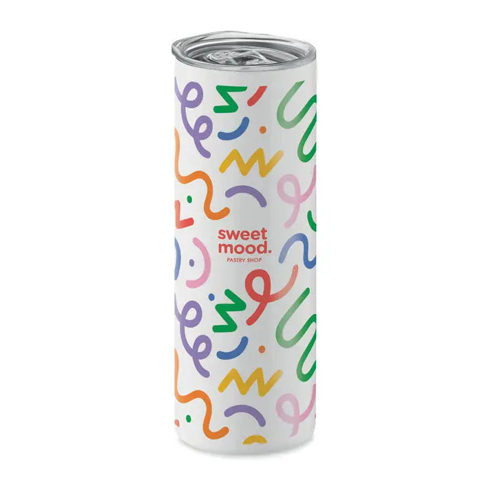 Pahar de sublimare cu perete dublu alb cu capac argintiu decorat cu squiggle-uri colorate si text sweet mood