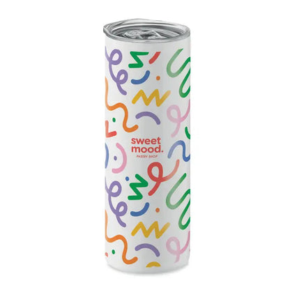 Pahar de sublimare cu perete dublu alb cu capac argintiu decorat cu squiggle-uri colorate si text sweet mood