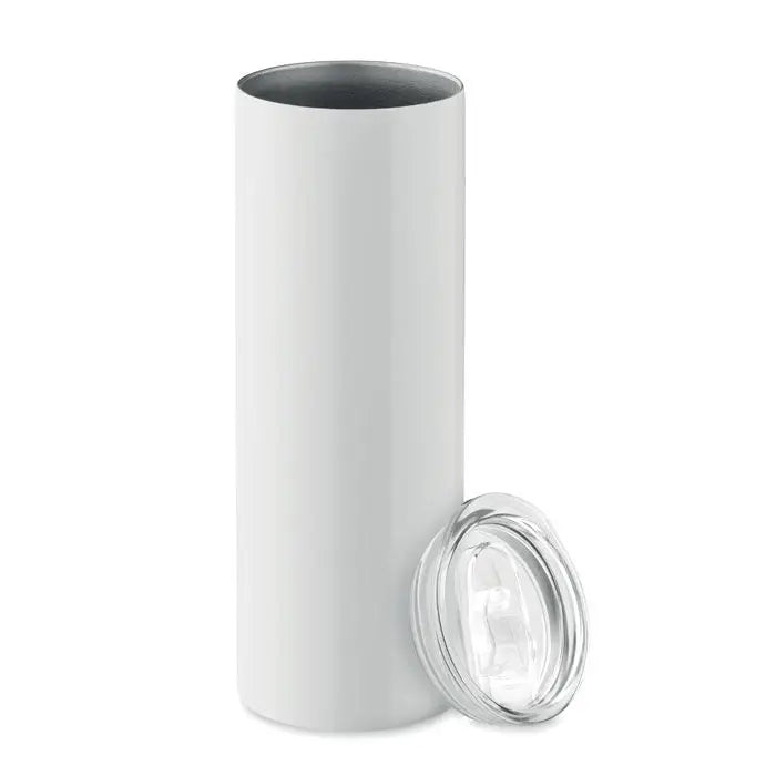 Pahar de sublimare cu perete dublu alb cilindric izolat cu capac transparent pentru bauturi calde si reci