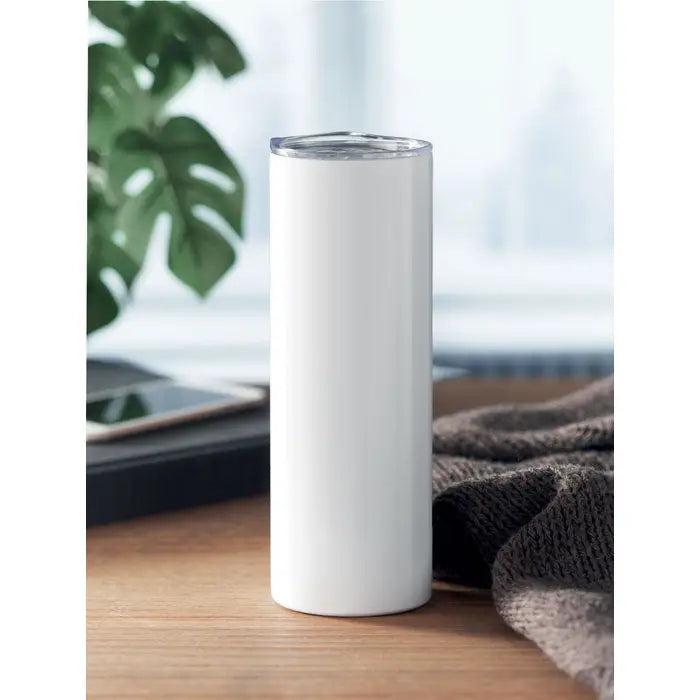 Pahar de sublimare white cilindric cu perete dublu si capac transparent pentru bauturi reci si calde