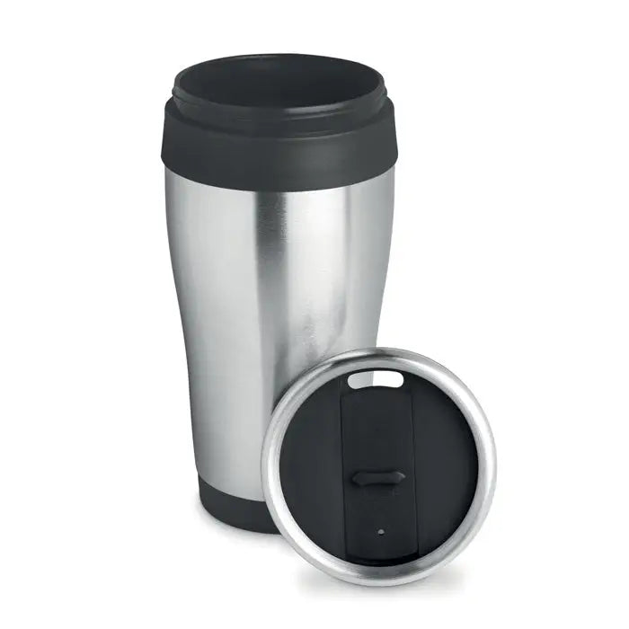 Pahar din otel inoxidabil 455 ml argintiu cu capac si baza negre din plastic pentru calatorii