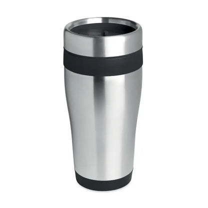 Pahar din otel inoxidabil 455 ml cu manere cauciucate negre pe capac si baza pentru calatorii