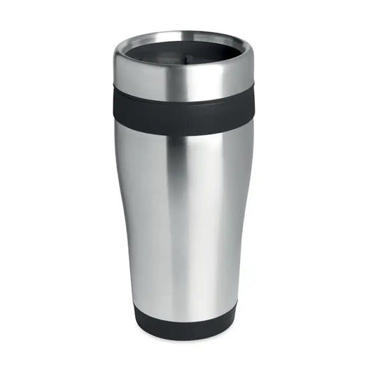 Pahar din otel inoxidabil 455 ml cu manere cauciucate negre pe capac si baza pentru calatorii