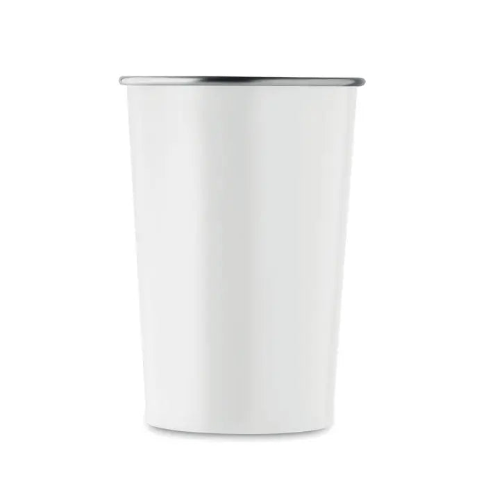 Pahar din otel inoxidabil reciclat cu cupa emailata alba si margine argintie finisata lucios