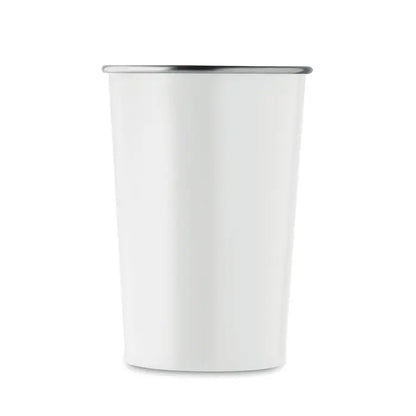 Pahar din otel inoxidabil reciclat cu cupa emailata alba si margine argintie finisata lucios