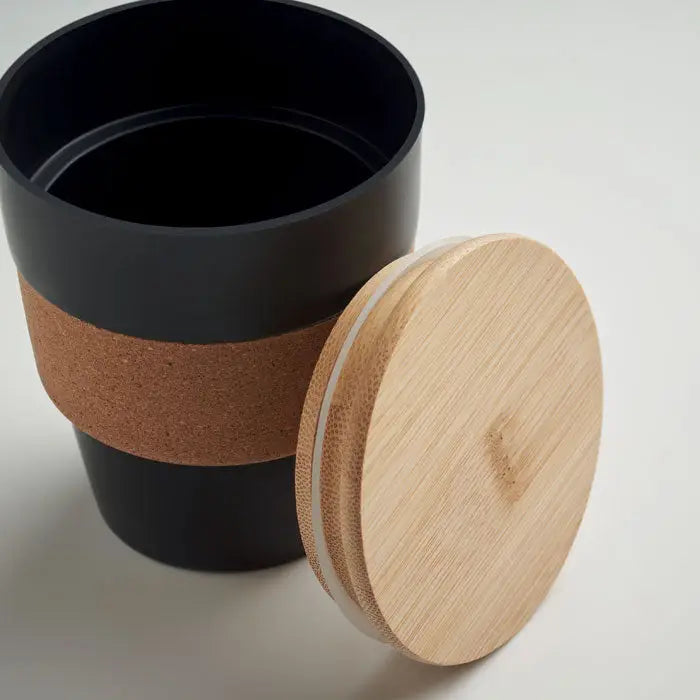 Pahar pp 300 ml cana de calatorie neagra din ceramica cu capac natural din bambus si banda antiderapanta de pluta
