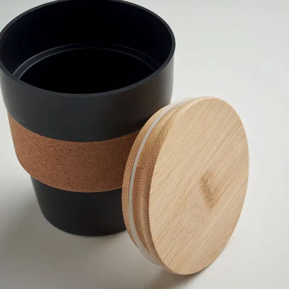 Pahar pp 300 ml cana de calatorie neagra din ceramica cu capac natural din bambus si banda antiderapanta de pluta