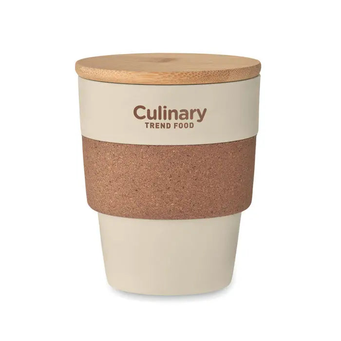 Pahar căniță de călătorie crem din ceramică cu capac de bambus și mânere de plută, cu branding culinary trend food