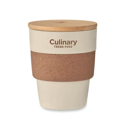 Pahar căniță de călătorie crem din ceramică cu capac de bambus și mânere de plută, cu branding culinary trend food