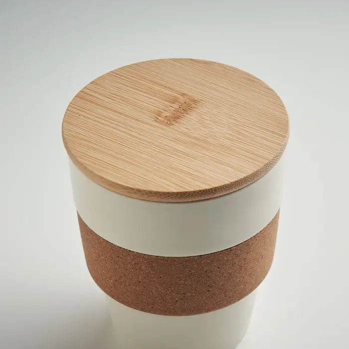 Pahar pahar călătorie ceramic alb cu capac bambus natural și bandă de prindere pluta texturată 300 ml