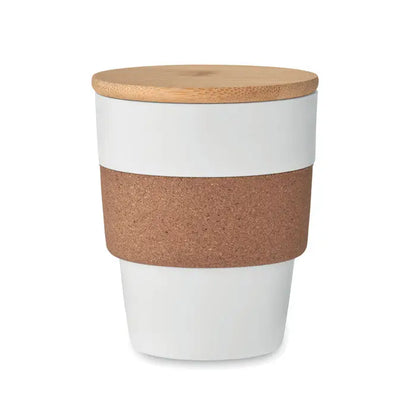 Pahar pahar cana de calatorie alba din ceramica cu capac din lemn natural si prindere din plută texturată 300 ml