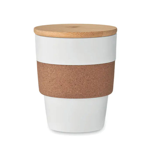 Pahar pahar cana de calatorie alba din ceramica cu capac din lemn natural si prindere din plută texturată 300 ml