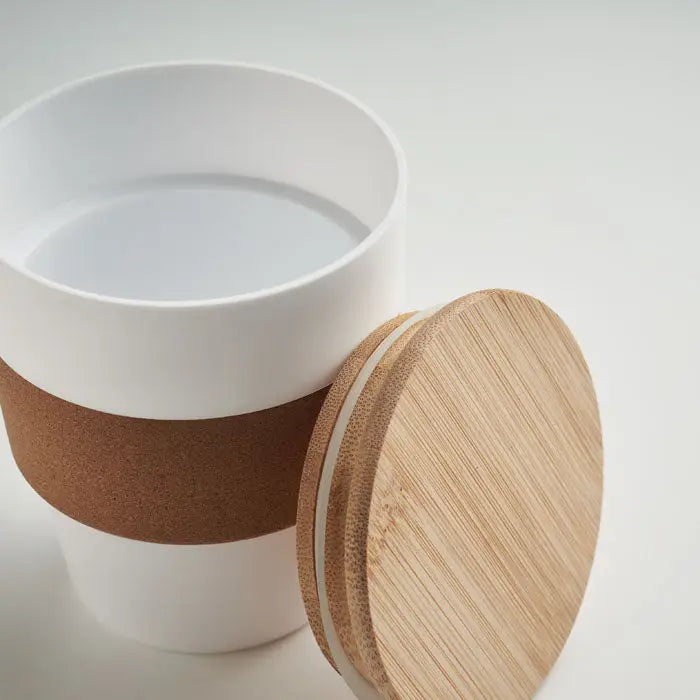 Pahar ceramic alb cu prindere de plută maro și capac din bambus pp 300 ml pentru călătorii