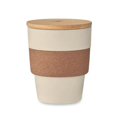Beige ceramic travel mug pahar in pp 300 ml with natural wood lid and textured cork grip band